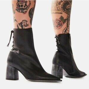 Free People Livia Leather Laceback Side Zip Pointy Toe Blue Block Heel Size 38